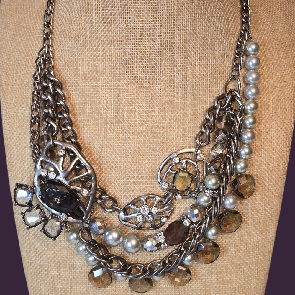 Gerard Yosca Vintage Smoky Quartz, Glass Stones And Faux Pearl Necklace